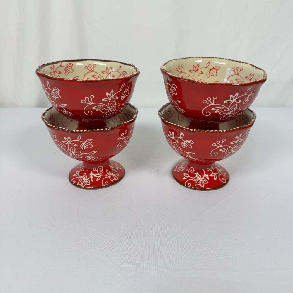 Temp-tations Floral Lace Cranberry Red Footed Dessert Bowls Set of 4
